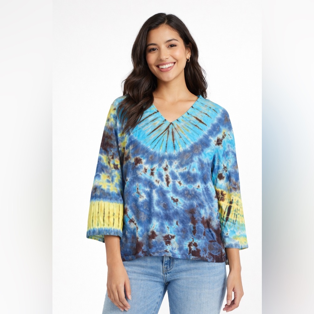 Blue and Yellow Tie-Dye Long Sleeve Blouse